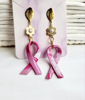 Boucles D'oreilles Octobre Rose - Forme Cœur Et Ruban Rose - Sensibilisation Cancer Du Sein - Clip Ou Tige