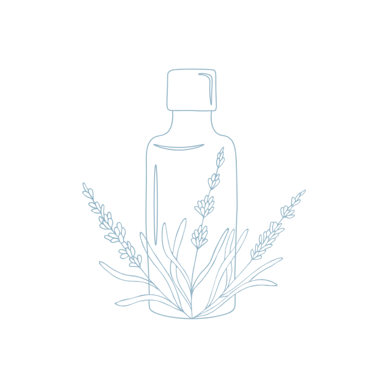 line drawing of an oil bottle with lavendar stems around the bottoms. Sleep tups for PTSD and trauma