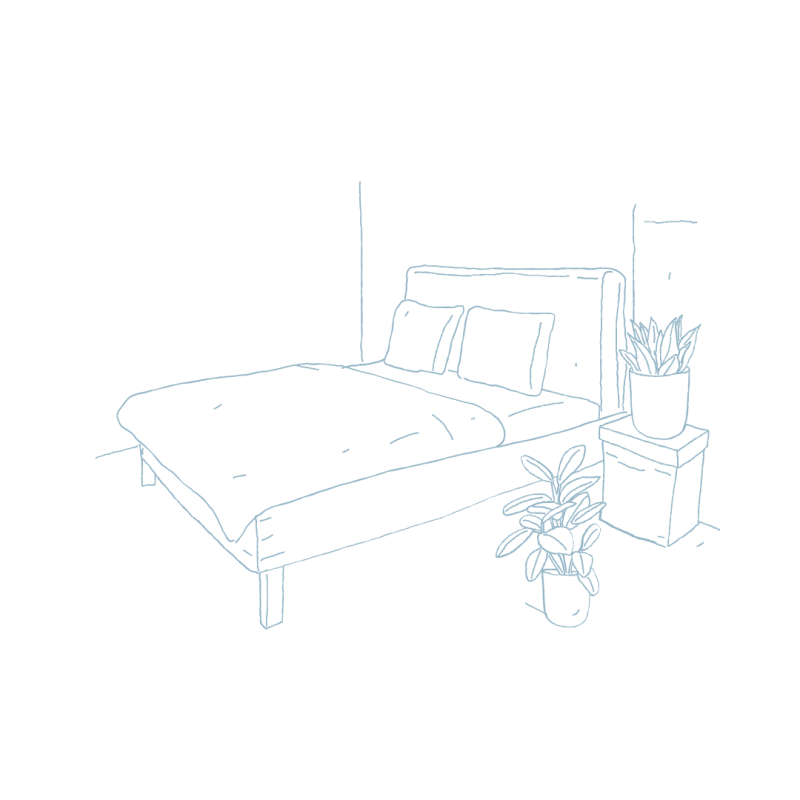 line drawing of a bedroom set up. PTSD and  trauma sleep tips