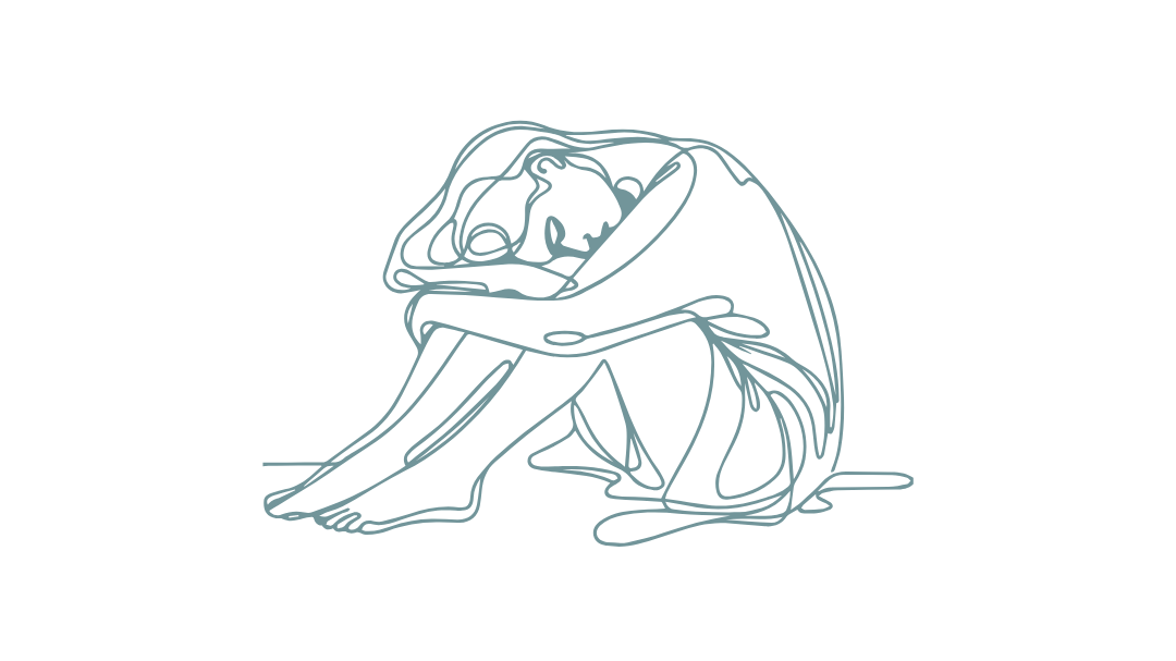 line drawing of woman sat bent over feeling dissociated and discnnected to her body becuase of trauma triggers