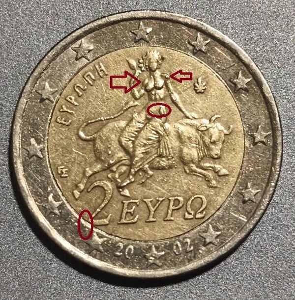 Moneda Grecia 2002 con errores