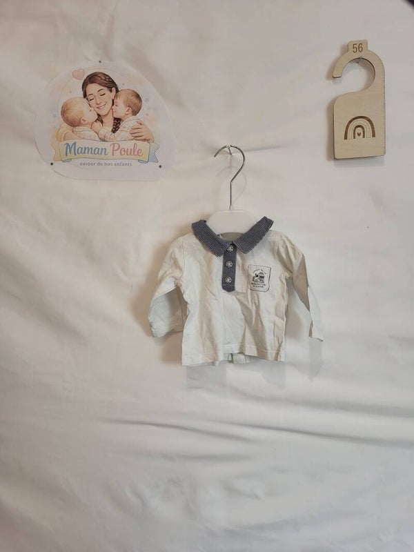 Tee-shirt manches longues blanc à col bleu marine T56