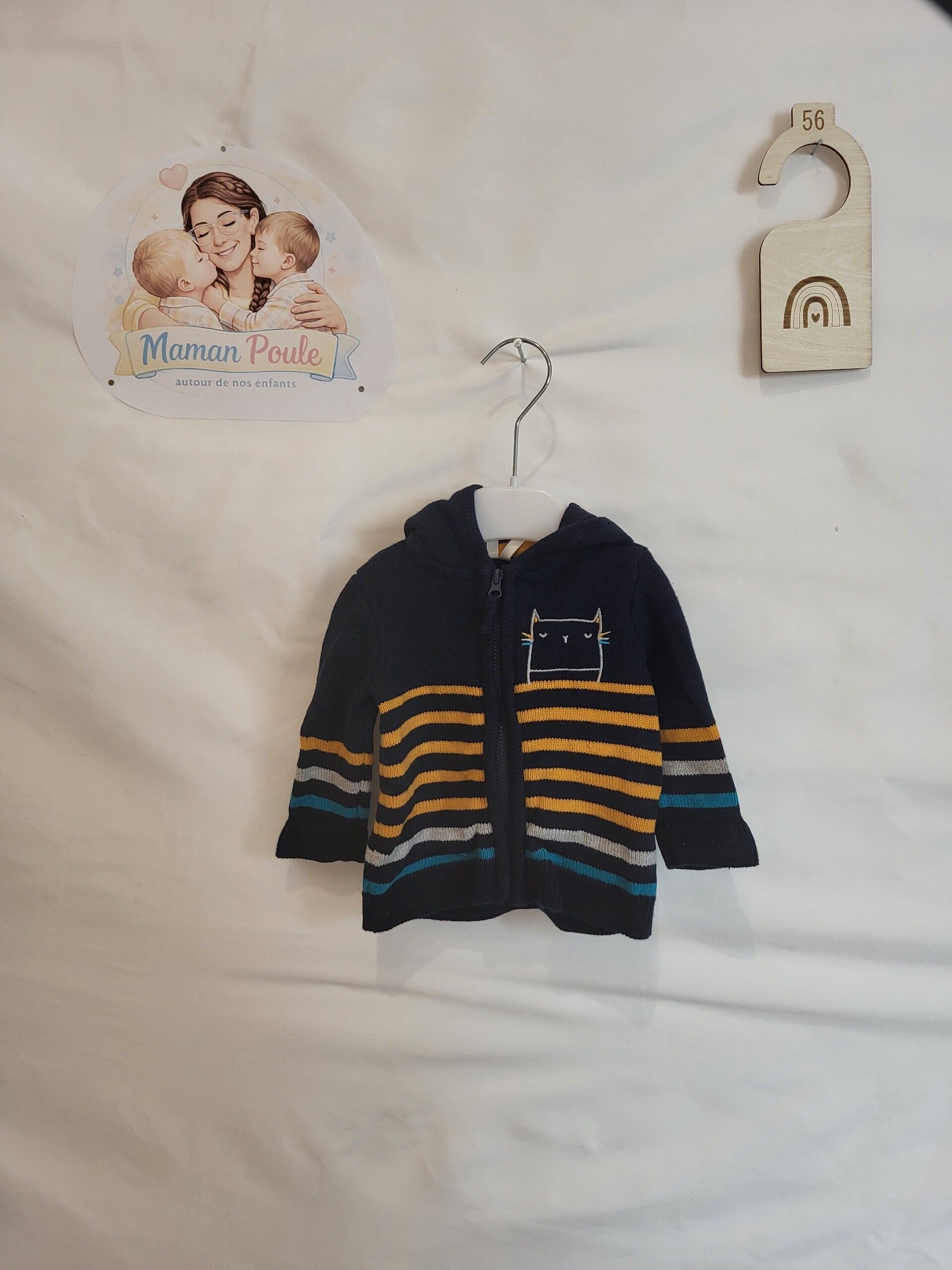 Gilet marine ligné jaune, imprimé petit chat T62 Orchestra