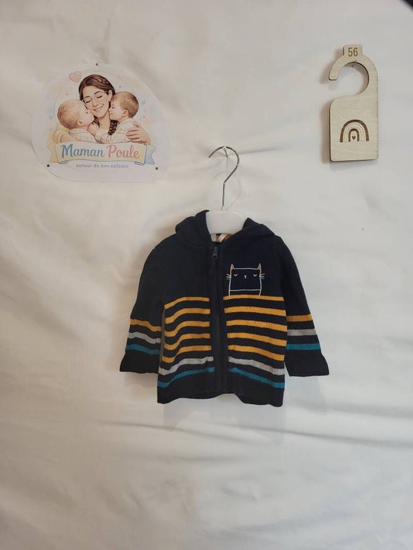 Gilet marine ligné jaune, imprimé petit chat T62 Orchestra