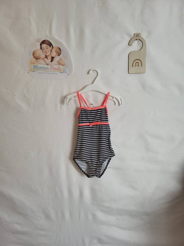 Maillot fille ligné à bord rose fluo T86