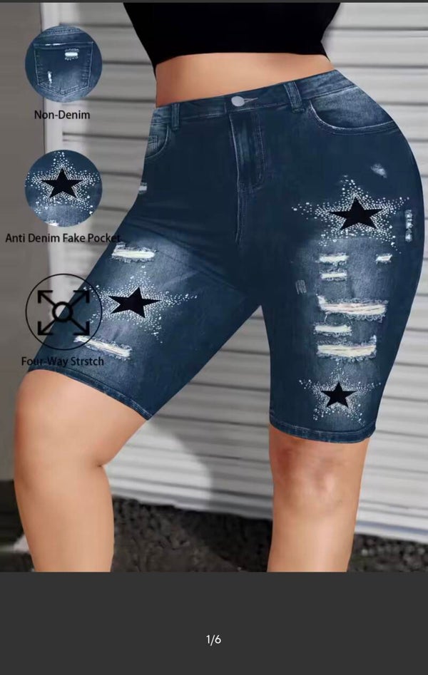 Star Studded Faux Denim Biker Shorts