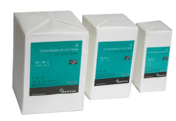 Compresses non stériles non tissées RAFFIN 10x10cm. Par 100. A partir de 1.32€TTC le paquet.