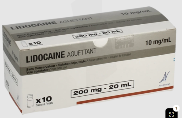 Lidocaïne injectable 1%, 10 flacons de 20mL. Laboratoire Aguettant.