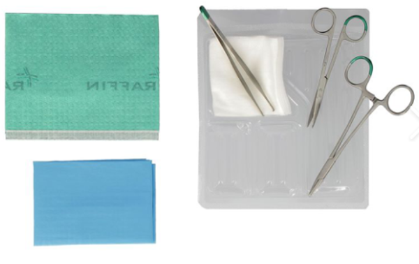Set de pose de suture en inox RAFFIN : 2champs,  1 porte aiguille 14cm, 1 ciseaux 12cm, 1 pince Adson à griffes 12cms. Prix dégressif