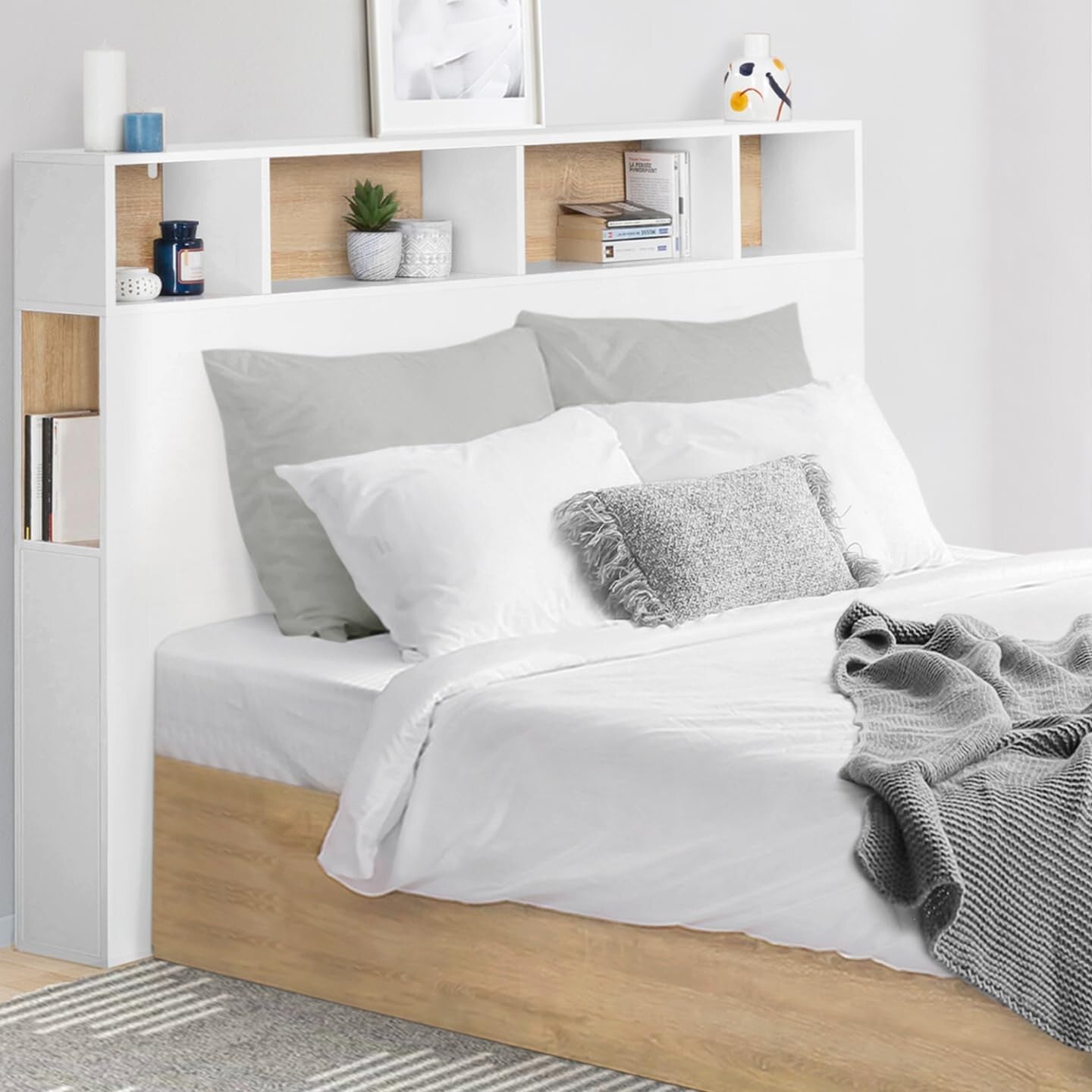 Tête de lit sur Pied Cleo 165 cm Blanc et façon hêtre | Avec rangements fermés et niches
