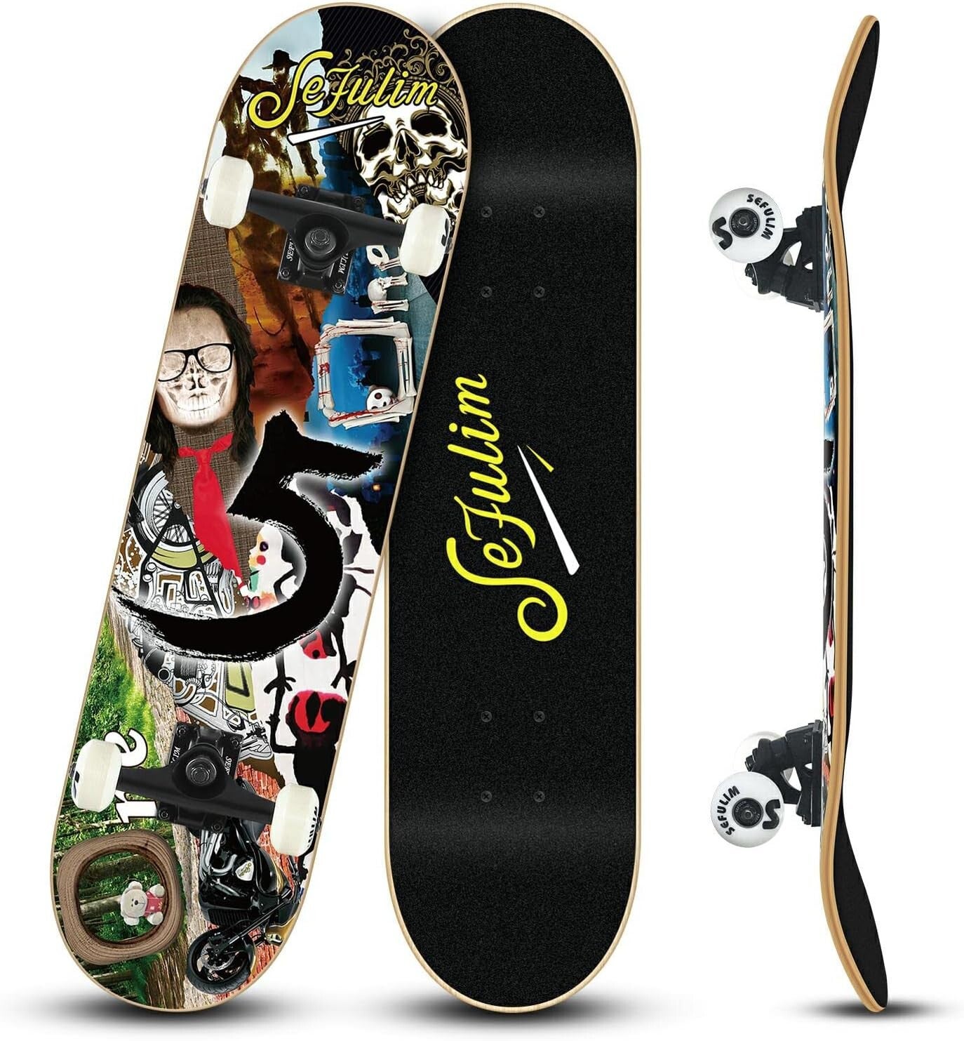 Skateboard 31 x 8 Pouces Ensemble Complet de 7 Couches érable Canadien Double kickboard concave Cruiser Stunt Skateboard pour garçon Fille Adolescent Adulte débutant