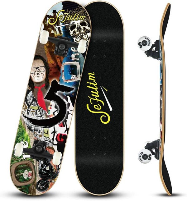 Skateboard 31 x 8 Pouces Ensemble Complet de 7 Couches érable Canadien Double kickboard concave Cruiser Stunt Skateboard pour garçon Fille Adolescent Adulte débutant