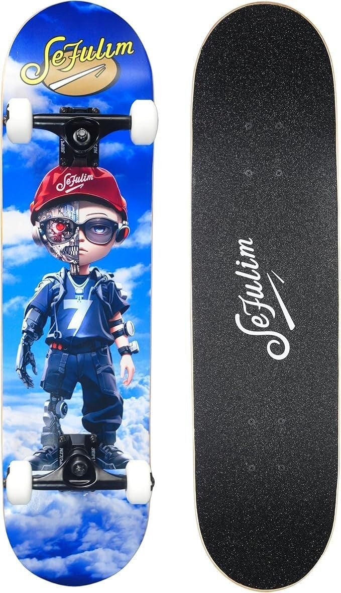 Skate board31 x 8 Pouces Ensemble Complet de 7 Couches érable Canadien Double kickboard concave Cruiser Stunt Skateboard pour garçon Fille Adolescent Adulte débutant