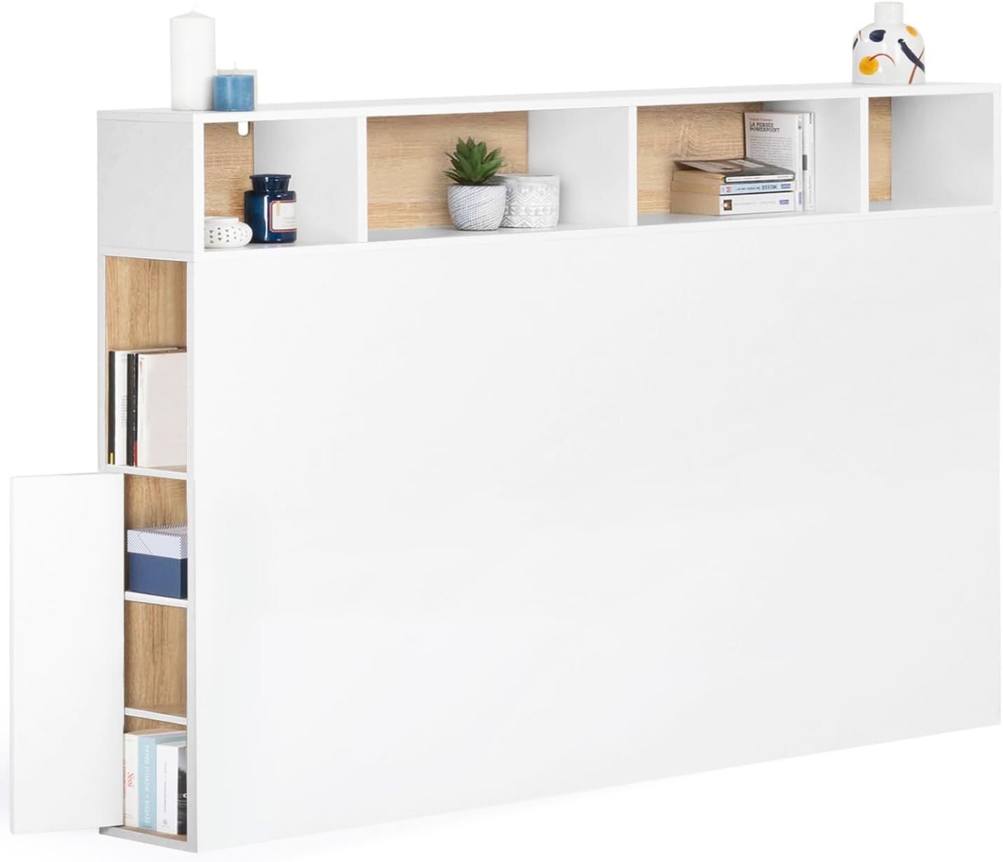 Tête de lit sur Pied Cleo 165 cm Blanc et façon hêtre | Avec rangements fermés et niches