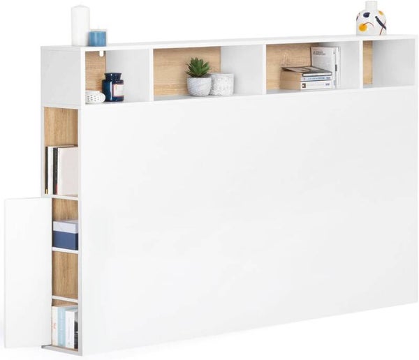 Tête de lit sur Pied Cleo 165 cm Blanc et façon hêtre | Avec rangements fermés et niches