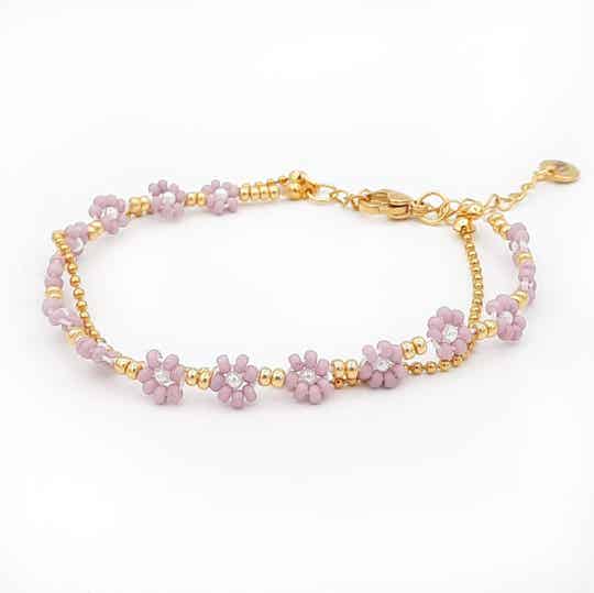 Dubbel armbandje rvs met bloemetjes.
