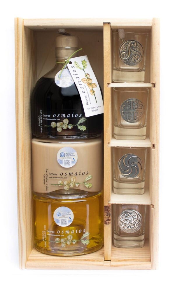 Licores Os Maios Apilable Licor Café - Crema de Licor - Licor de Hierbas  200ml*3 / 4 chupitos en caja de madera (Licores Artesanos Os Maios)