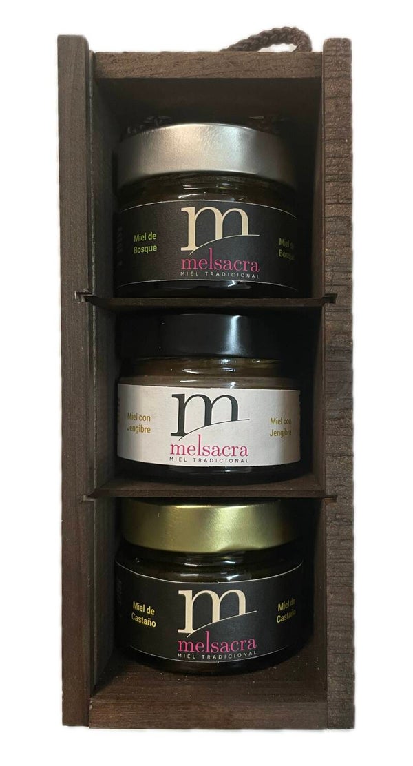 Miel de Bosque/Jengibre/Castaño Melsacra 3x150grs en Caja de Madera (Melsacra) - Ribeira Sacra
