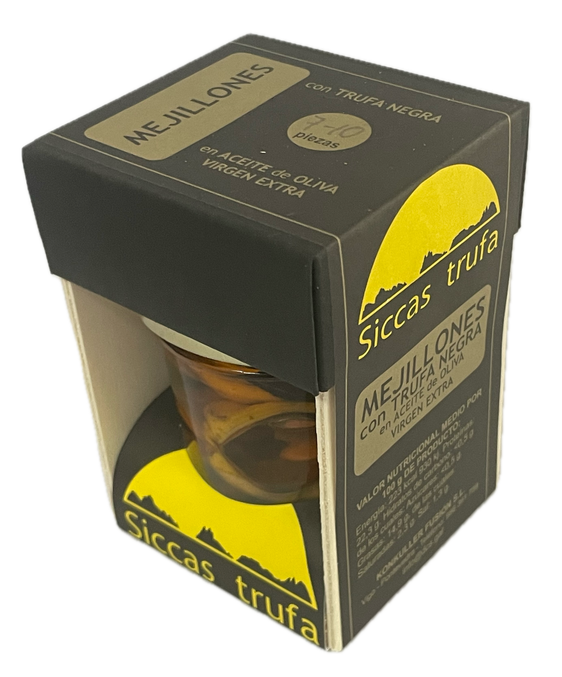 Mejillones Siccas Trufa Fritos en Aceite de Oliva Virgen BIO con Trufa Negra Tarro Cristal 110grs (Siccas Trufa)