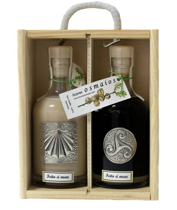 Licores Os Maios 200ml - 2 botellas decoradas con estaño en caja de madera (Licores Artesanos Os Maios)