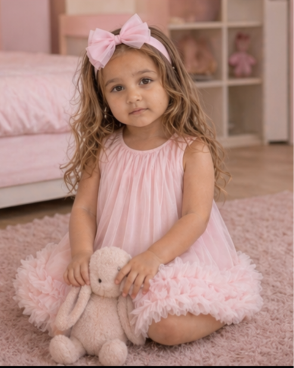 Roze baby jurkje tule – feestjurk meisje met ruches