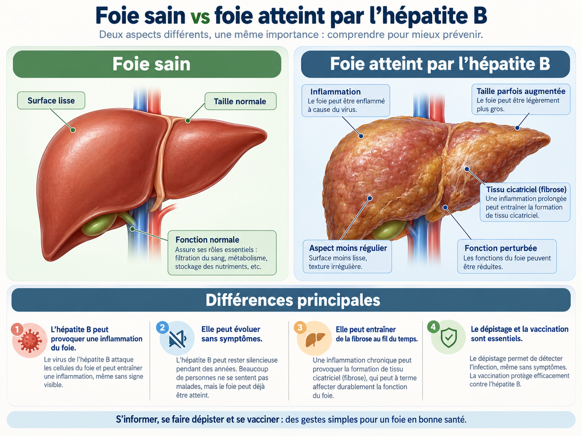 Illustration pédagogique comparant un foie sain et un foie atteint par l'hépatite B