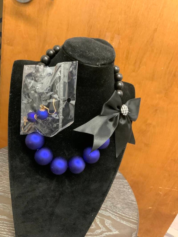 Blue and Black bow tie Earring and Necklace set