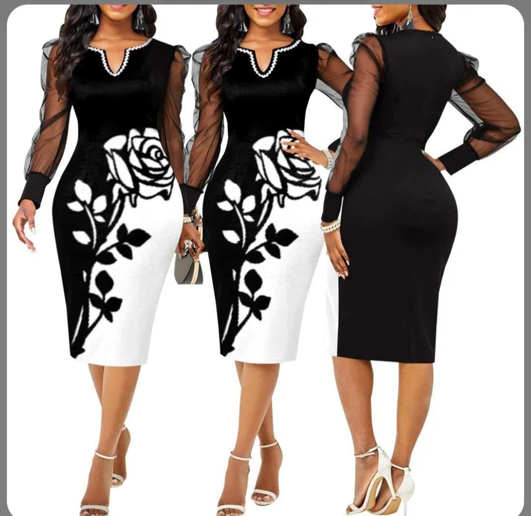 Beautiful Rose print Black and White Dress