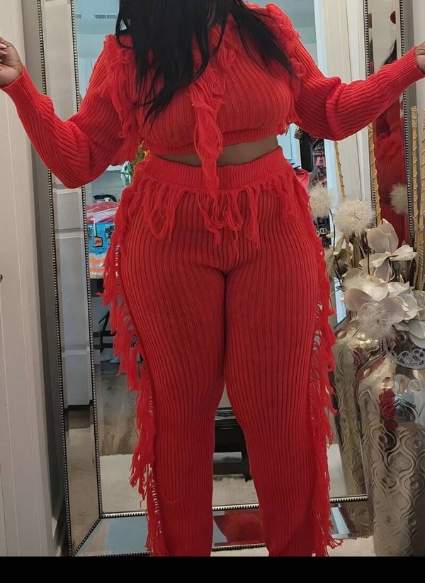Women Red Two Piece Fringes pants set