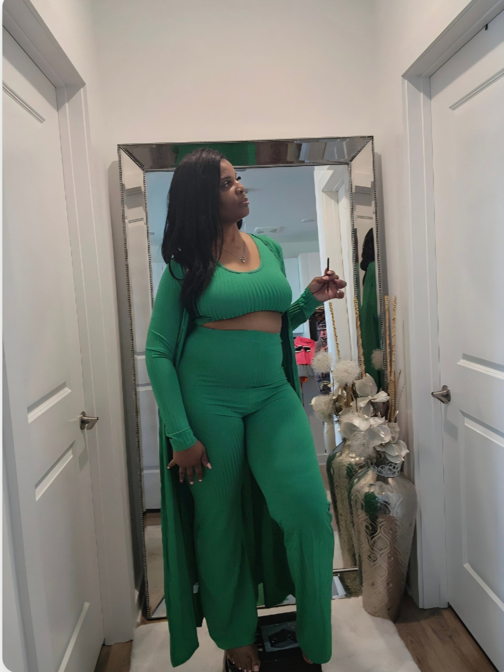 Emerald green Three Piece pants set with duster