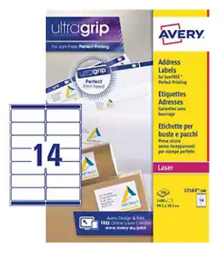 AVERY Zweckform UltraGrip Address Labels L7163-100 adhesive A4 White 99.1 x 38.1 mm 100 Sheets