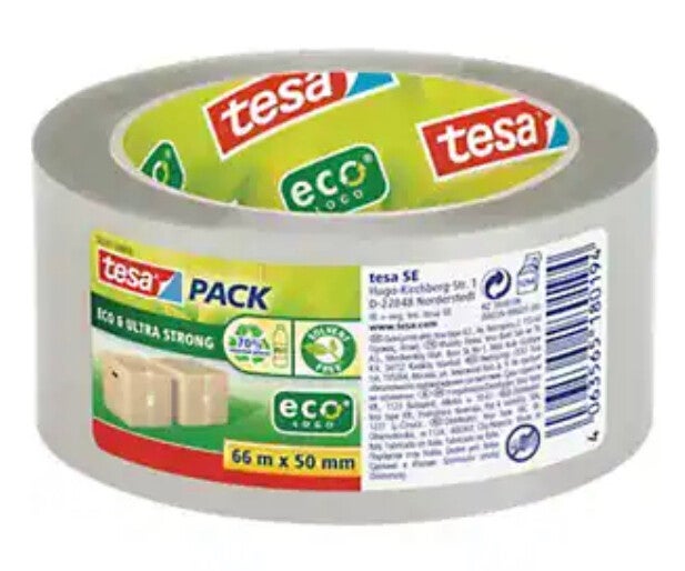 tesa Packaging Tape tesapack Eco & Ultra Strong Transparent 66 m x 50 mm PET (Polyethylene Terephthalate)