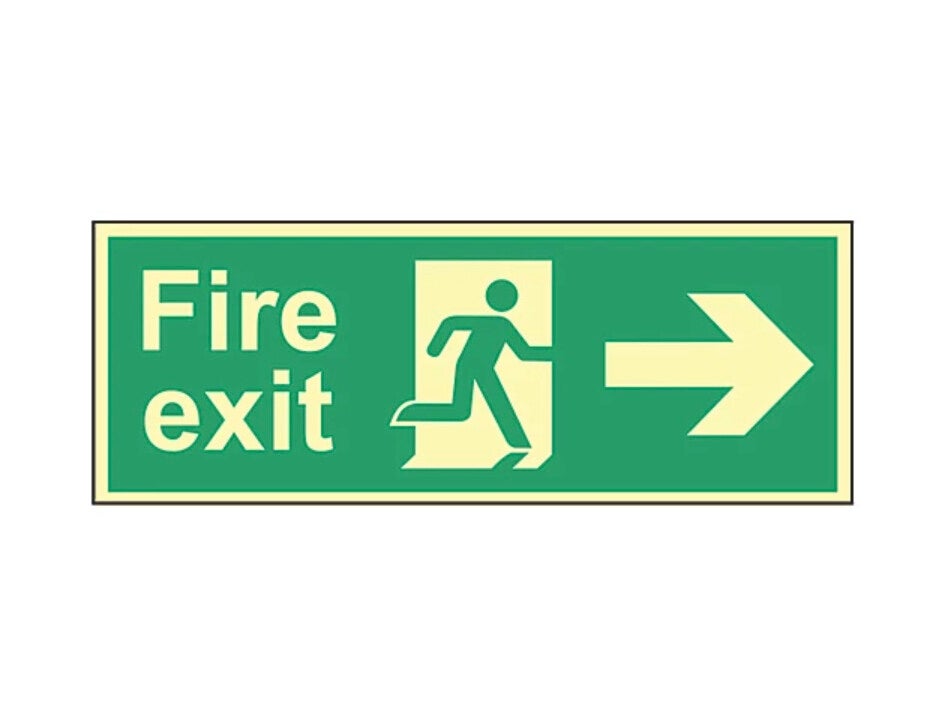 ESSENTIALS PHOTOLUMINESCENT "FIRE EXIT MAN RIGHT ARROW" SIGN 150MM X 450MM