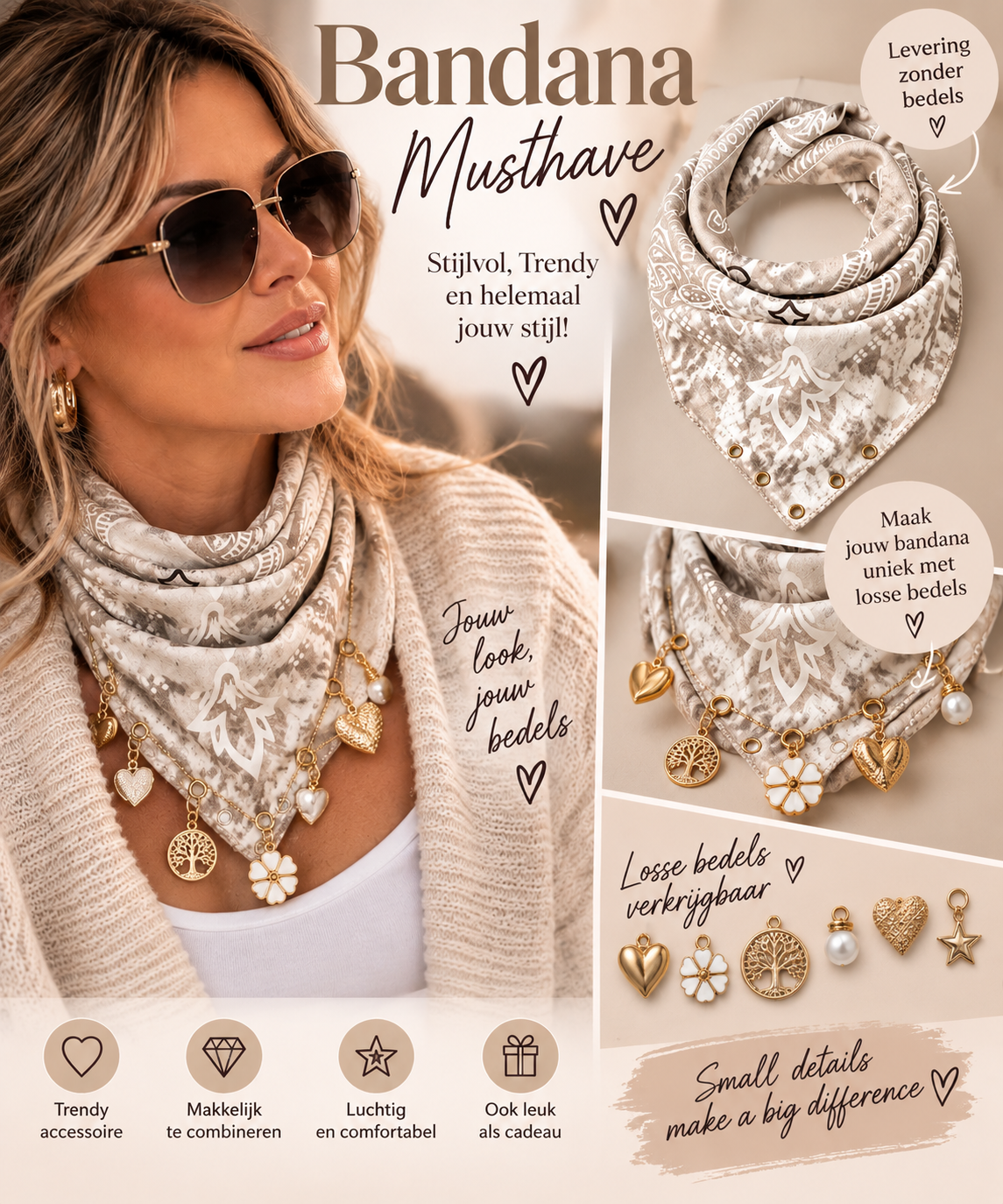 🤍 Beige Bandana met Goudkleurige Ringetjes – Personaliseer met Bedels