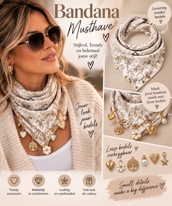 🤍 Beige Bandana met Goudkleurige Ringetjes – Personaliseer met Bedels