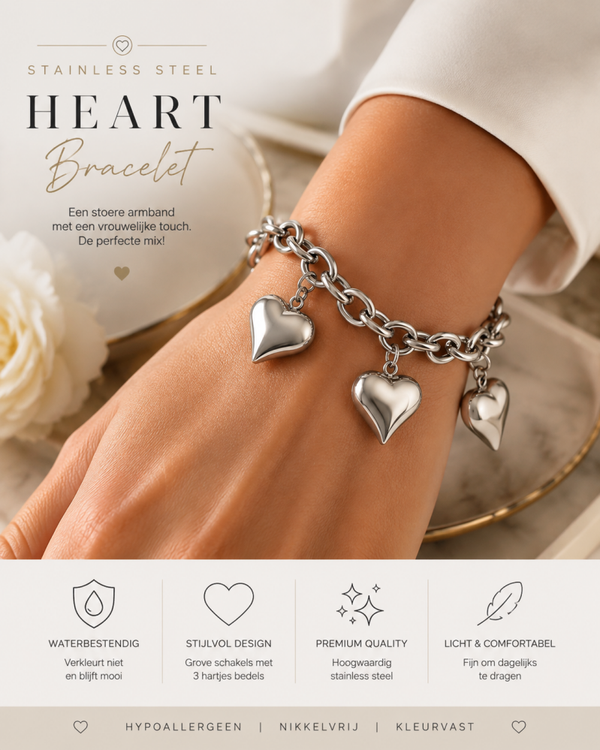 Stainless Steel Schakelarmband met 3 Hartjes – Zilverkleurig
