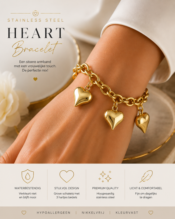 Stainless Steel Schakelarmband met 3 Hartjes – Goudkleurig