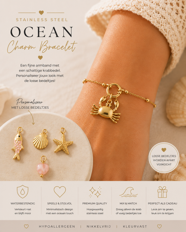 Stainless Steel Ocean Armband met Krabbedel – Goudkleurig 🦀🌊
