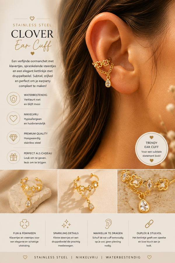 Goudkleurige Oormanchet met Klaver & Druppelbedel – Ear Cuff ✨