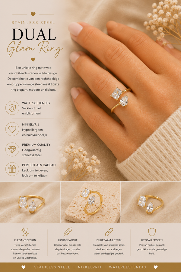 ✨ Stainless Steel Verstelbare Ring met Twee Stenen – Goudkleurig