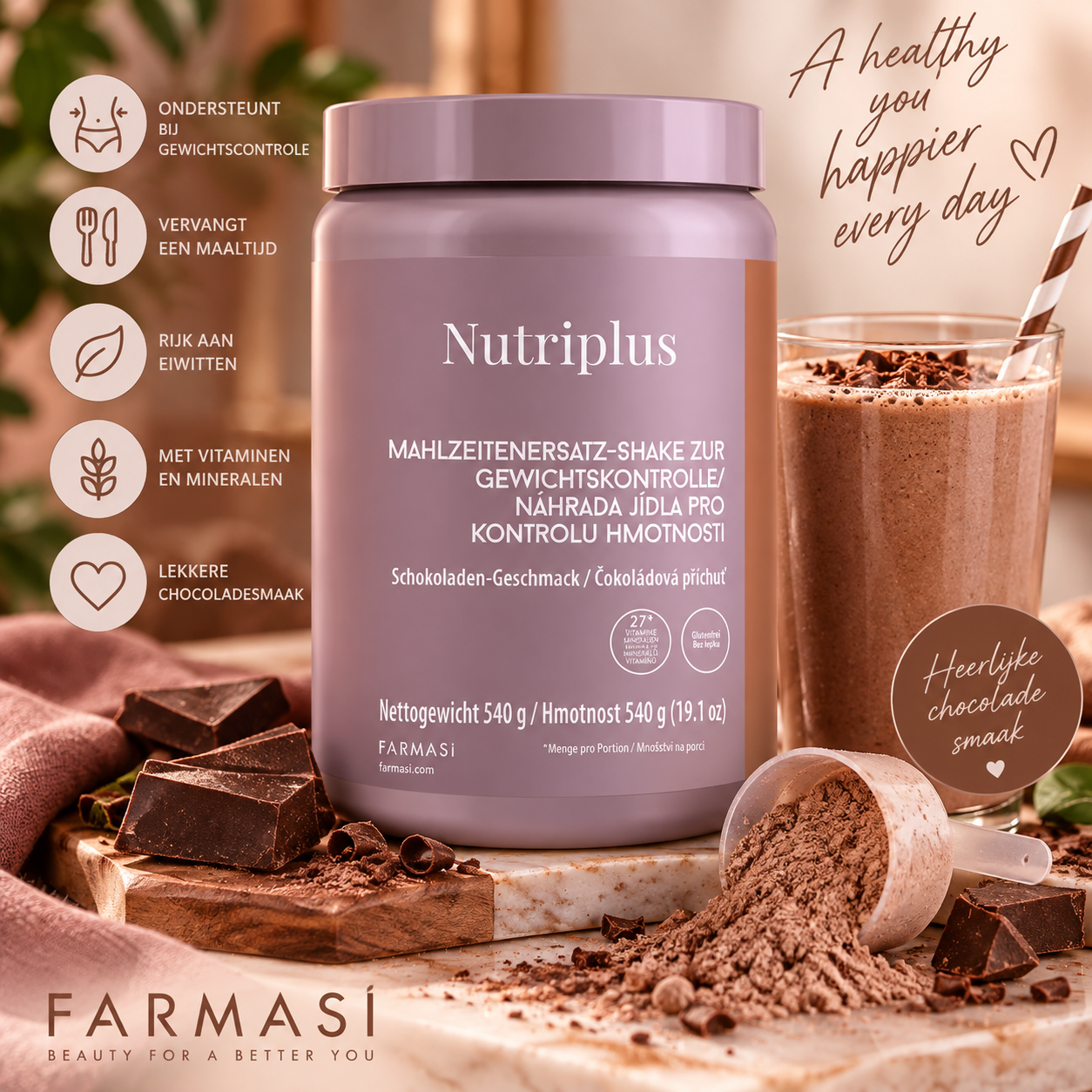 🍫 Farmasi Nutriplus Meal Replacement Shake Chocolade – 540 g