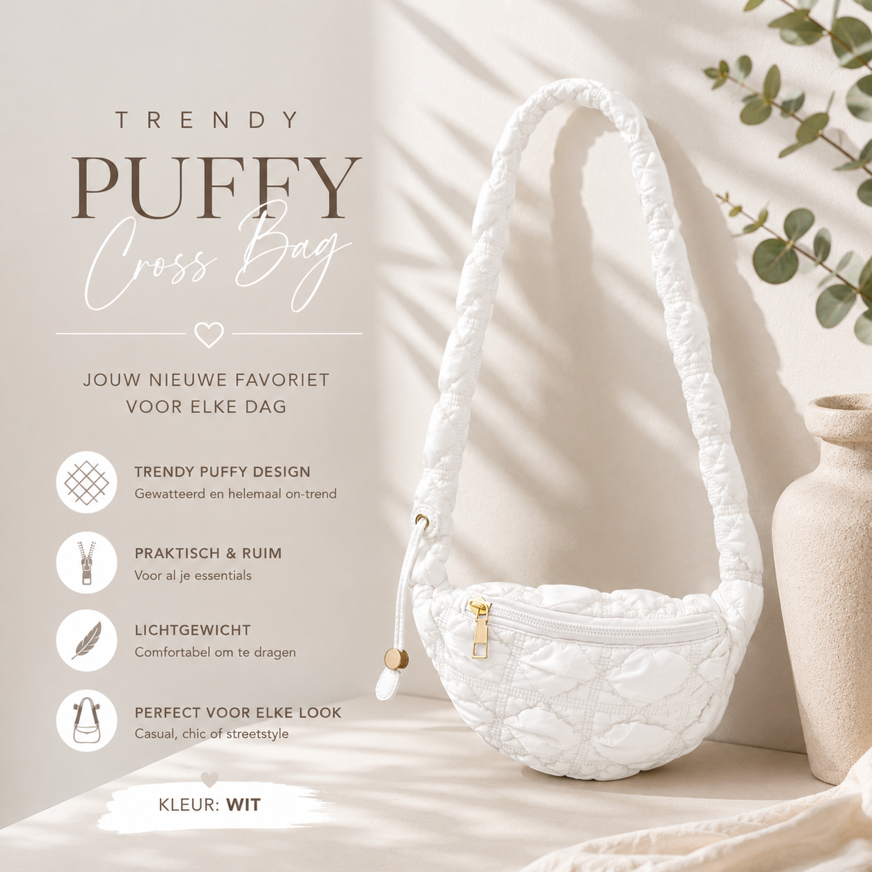Trendy Puffy Schoudertas Wit – Stijlvolle Gewatteerde Crossbody Tas