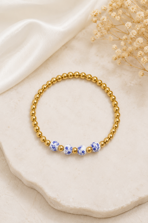 Stainless Steel Armband met Blauwwitte Porseleinlook Kralen