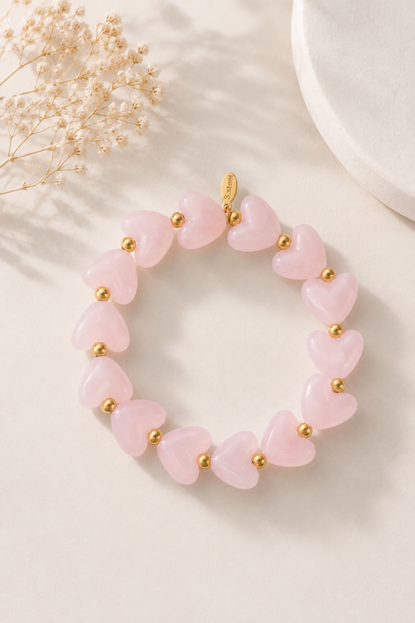 Roze Hartjes Armband met Stainless Steel Details