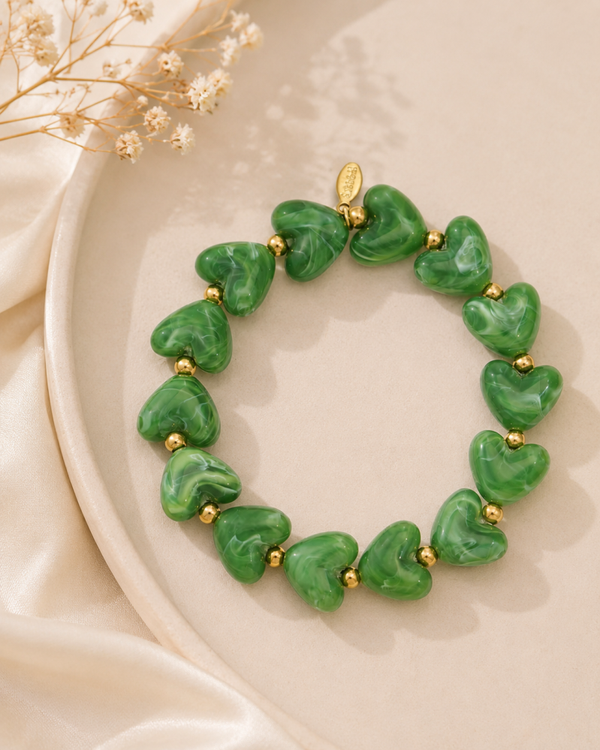 Licht Groene Hartjes Armband met Stainless Steel Details