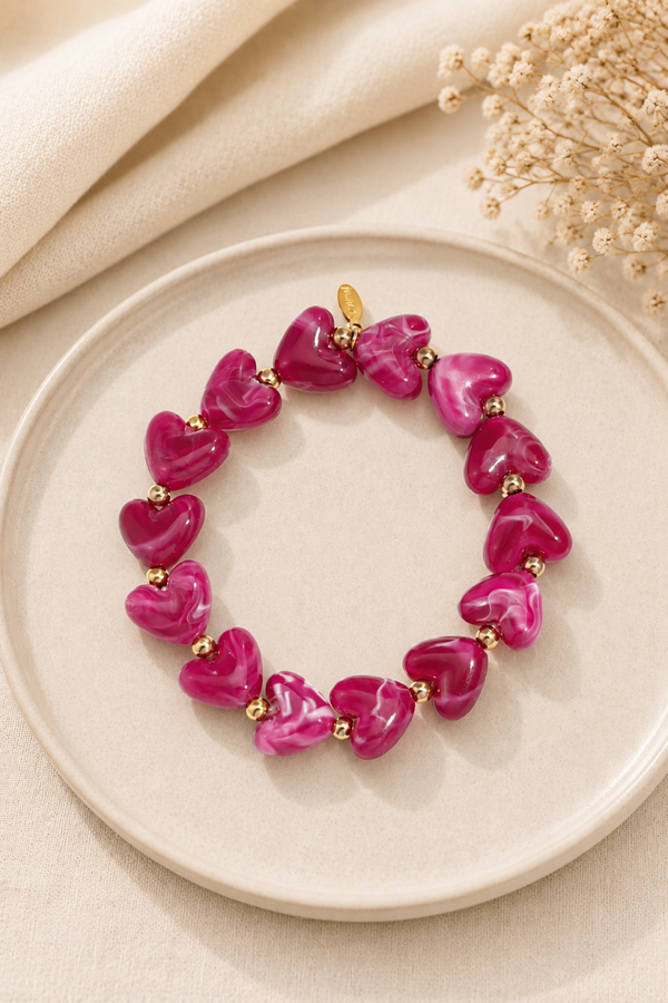 Fuchsia Hartjes Armband met Stainless Steel Details