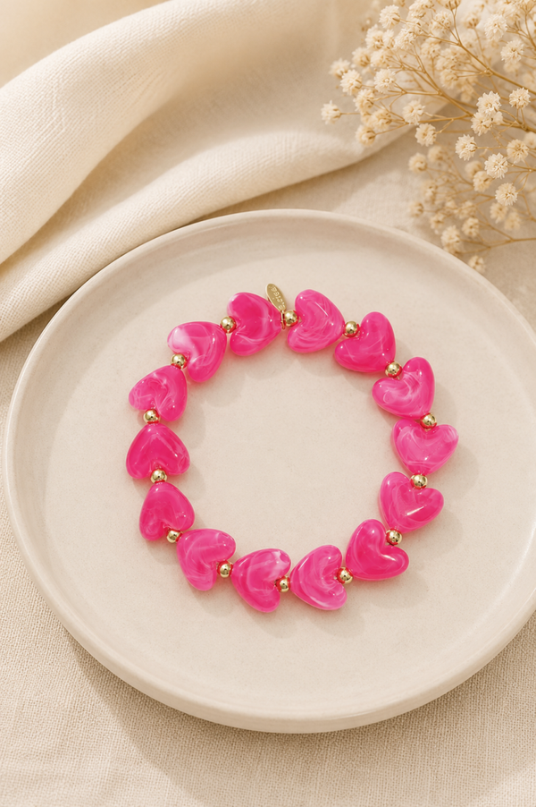 Roze Hartjes Armband met Stainless Steel Details