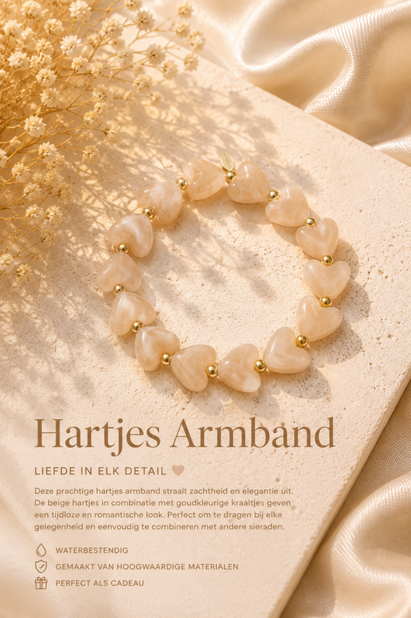 Beige Hartjes Armband – Trendy Dames Armband met Goudkleurige Accenten
