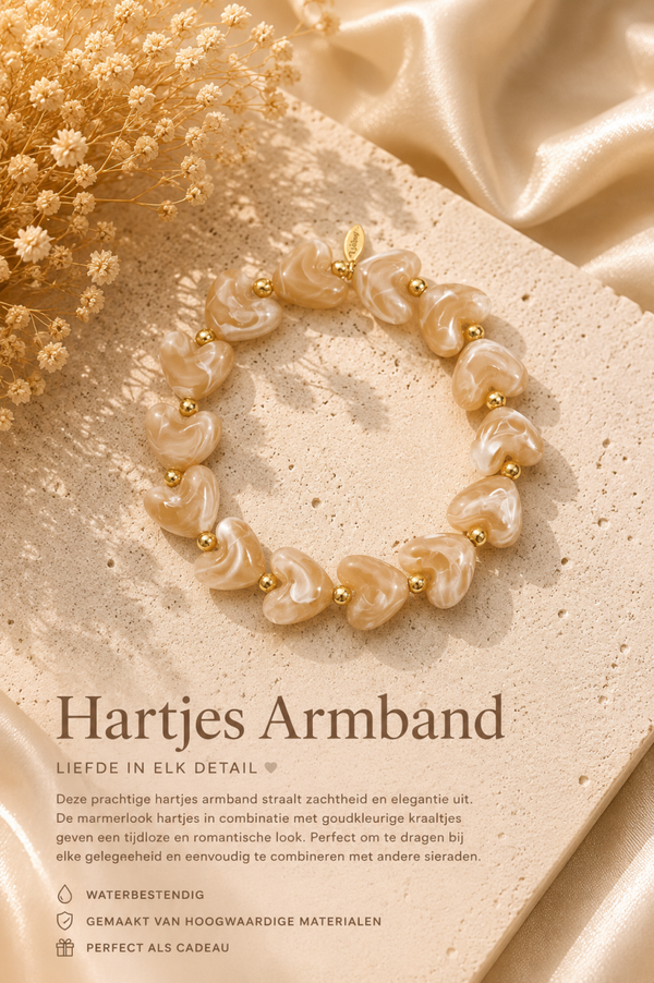 Beige Hartjes Armband – Elegante Dames Armband met Marmerlook Hartjes