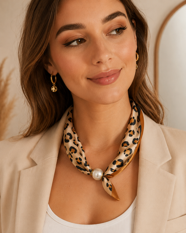 Sjaalketting met Luipaardprint & Pareldetail – Stijlvol Damesaccessoire